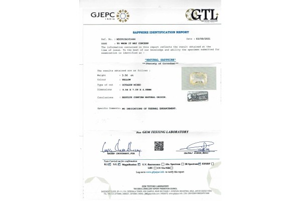 Gem Testing Laboratory | GJEPC Report for 3.56 cts Unheated Natural Yellow Sapphire (Pukhraj)