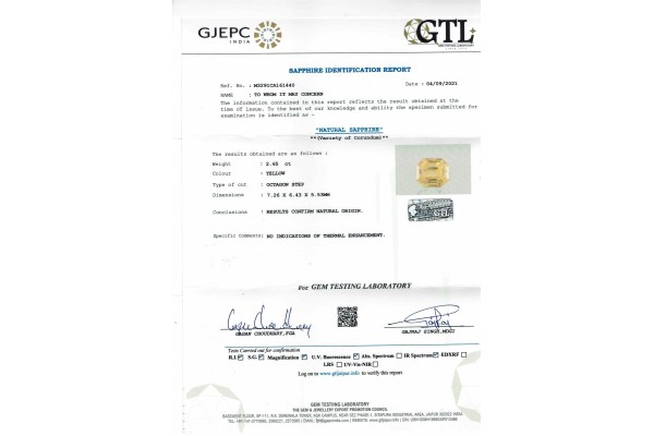 International Gemological Institute Report for 2.65 cts Natural Yellow Sapphire (Pukhraj)