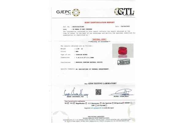 Gem Testing Laboratory | GJEPC Report for 1.86 cts Unheated Natural Ruby (Manikya)