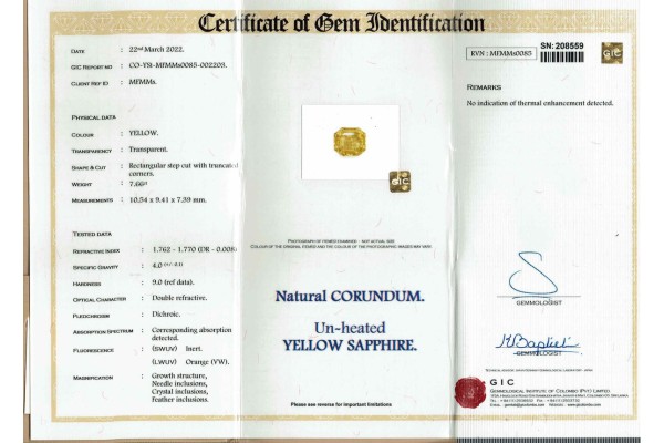 Gemmological Institute of Colombo Report for 7.66 cts Unheated Natural Yellow Sapphire (Pukhraj)