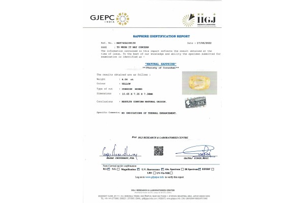 IIGJ Research & Laboratories | GJEPC Report for 6.06 cts Unheated Natural Yellow Sapphire (Pukhraj)