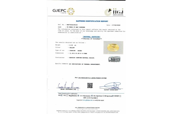 IIGJ Research & Laboratories | GJEPC Report for 6.03 cts Unheated Natural Yellow Sapphire (Pukhraj)