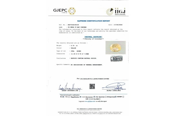 IIGJ Research & Laboratories | GJEPC Report for 6.79 cts Unheated Natural Yellow Sapphire (Pukhraj)