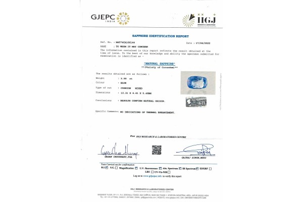 IIGJ Research & Laboratories | GJEPC Report for 3.99 cts Unheated Natural Blue Sapphire (Neelam)