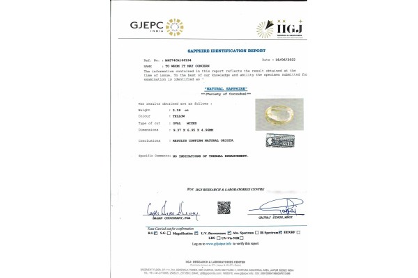 IIGJ Research & Laboratories | GJEPC Report for 3.18 cts Unheated Natural Yellow Sapphire (Pukhraj)