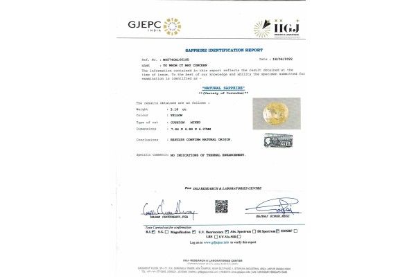 IIGJ Research & Laboratories | GJEPC Report for 3.18 cts Unheated Natural Yellow Sapphire (Pukhraj)