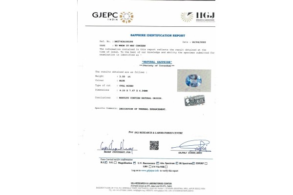 IIGJ Research & Laboratories | GJEPC Report for 3.09 cts Natural Blue Sapphire (Neelam)