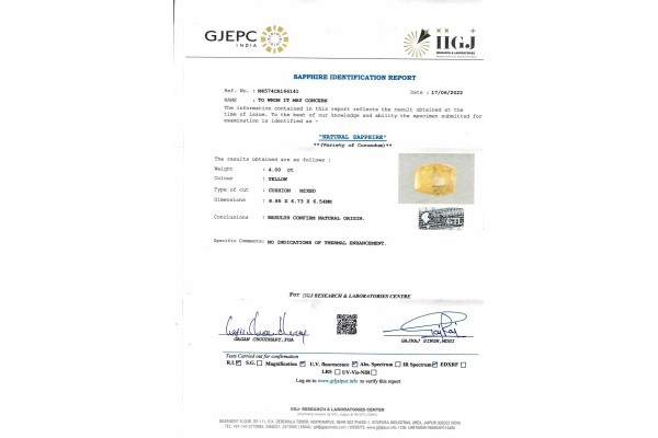 IIGJ Research & Laboratories | GJEPC Report for 4 cts Unheated Natural Yellow Sapphire (Pukhraj)