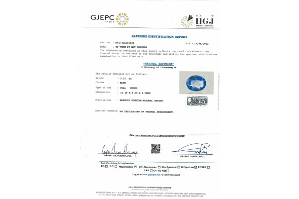 IIGJ Research & Laboratories | GJEPC Report for 3.1 cts Unheated Natural Blue Sapphire (Neelam)
