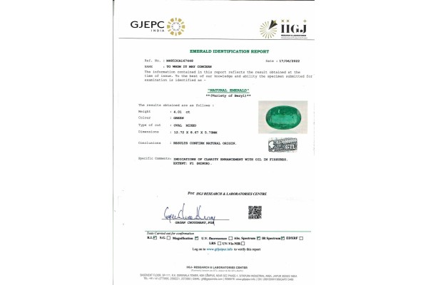 IIGJ Research & Laboratories | GJEPC Report for 4.01 cts Natural Emerald (Panna)