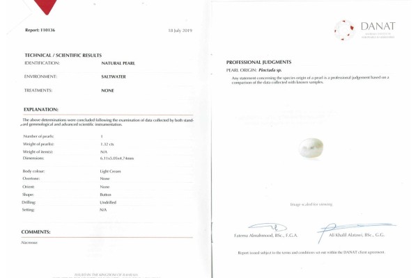 DANAT | The Bahrain Institute for Pearls and Gemstones Report for 1.32 cts Natural Pearl (Moti)