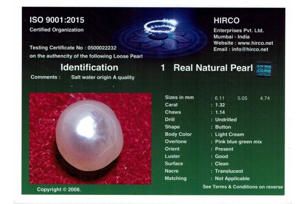 HIRCO Enterprises Pvt Ltd Report for 1.32 cts Natural Pearl (Moti)