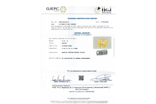 IIGJ Research & Laboratories | GJEPC Report for 2.02 cts Unheated Natural Yellow Sapphire (Pukhraj)