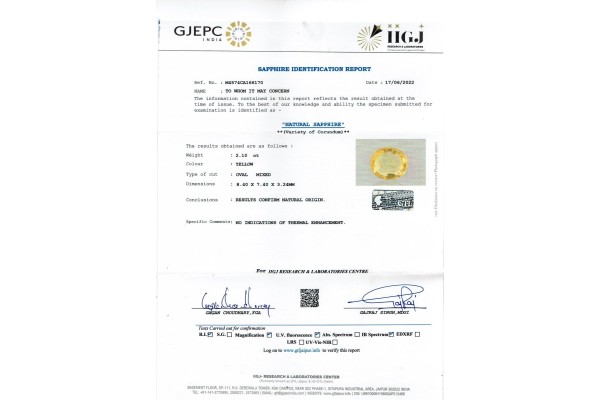 IIGJ Research & Laboratories | GJEPC Report for 2.1 cts Unheated Natural Yellow Sapphire (Pukhraj)