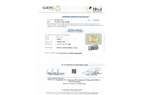 IIGJ Research & Laboratories | GJEPC Report for 2.01 cts Unheated Natural Yellow Sapphire (Pukhraj)