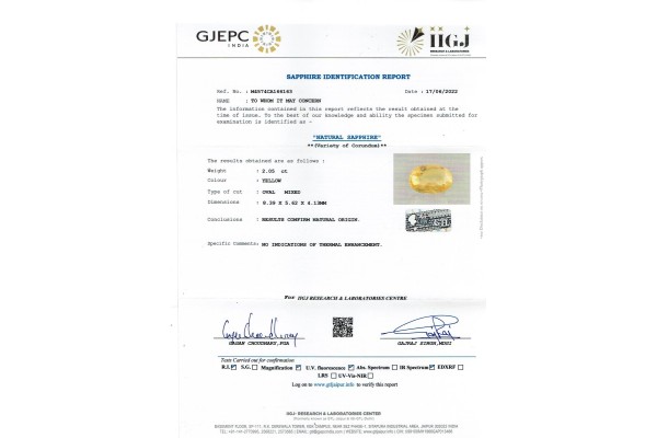 IIGJ Research & Laboratories | GJEPC Report for 2.05 cts Unheated Natural Yellow Sapphire (Pukhraj)