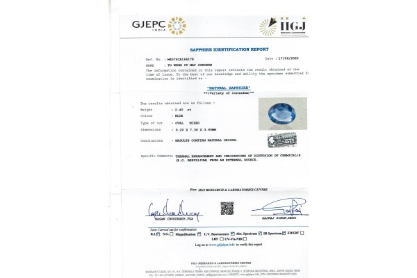 IIGJ Research & Laboratories | GJEPC Report for 2.4 cts Natural Blue Sapphire (Neelam)