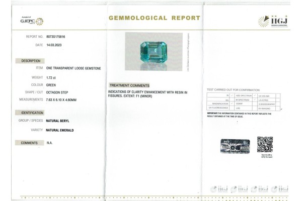 IIGJ Research & Laboratories | GJEPC Report for 1.72 cts Natural Emerald (Panna)