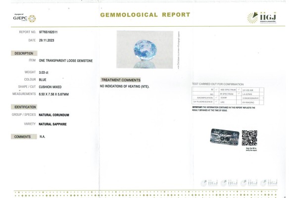 IIGJ Research & Laboratories | GJEPC Report for 3.03 cts Unheated Natural Blue Sapphire (Neelam)