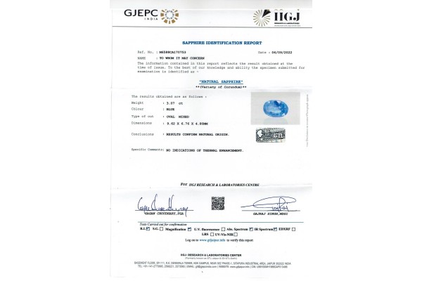 IIGJ Research & Laboratories | GJEPC Report for 3.07 cts Unheated Natural Blue Sapphire (Neelam)