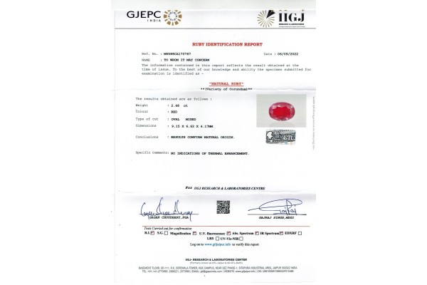 IIGJ Research & Laboratories | GJEPC Report for 2.48 cts Unheated Natural Ruby (Manikya)
