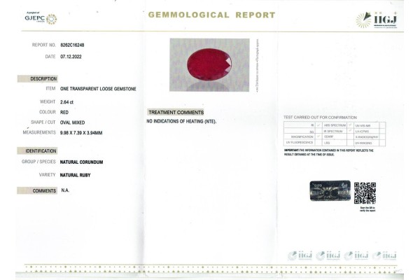 IIGJ Research & Laboratories | GJEPC Report for 2.64 cts Unheated Natural Ruby (Manikya)