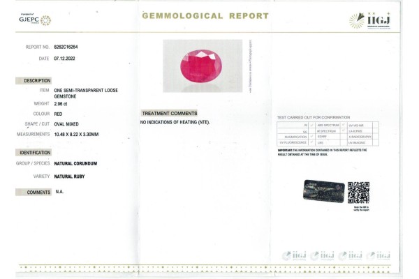 IIGJ Research & Laboratories | GJEPC Report for 2.96 cts Unheated Natural Ruby (Manikya)