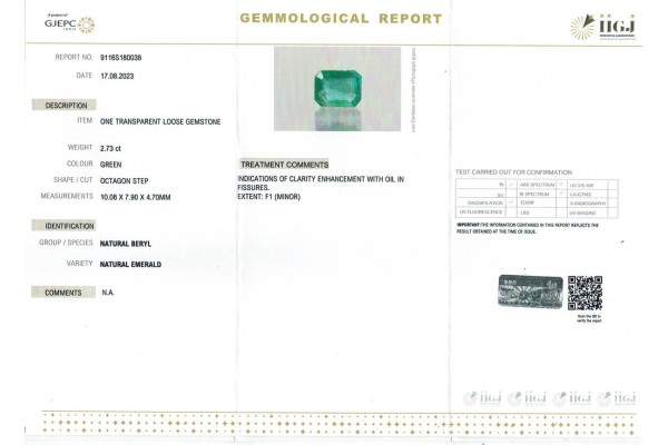 IIGJ Research & Laboratories | GJEPC Report for 2.73 cts Natural Emerald (Panna)