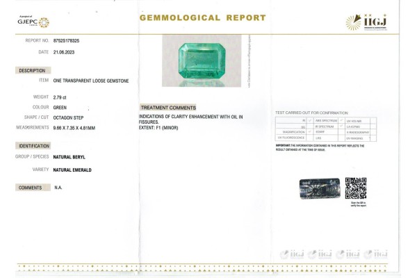 IIGJ Research & Laboratories | GJEPC Report for 2.79 cts Natural Emerald (Panna)
