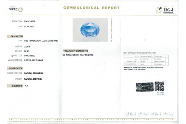IIGJ Research & Laboratories | GJEPC Report for 3.04 cts Unheated Natural Blue Sapphire (Neelam)