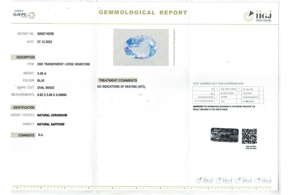 IIGJ Research & Laboratories | GJEPC Report for 3.28 cts Unheated Natural Blue Sapphire (Neelam)