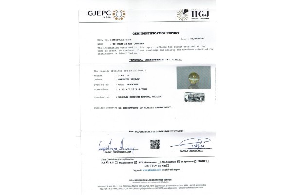 IIGJ Research & Laboratories | GJEPC Report for 2.64 cts Natural Cats Eye (Lehsunia)