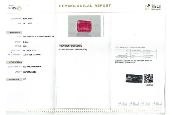 IIGJ Research & Laboratories | GJEPC Report for 2.08 cts Unheated Natural Ruby (Manikya)