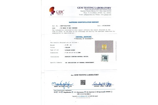 Gem Testing Laboratory | GJEPC Report for 2.05 cts Unheated Natural Yellow Sapphire (Pukhraj)