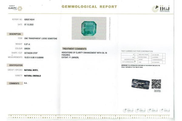 IIGJ Research & Laboratories | GJEPC Report for 5.37 cts Natural Emerald (Panna)