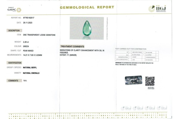 IIGJ Research & Laboratories | GJEPC Report for 2.26 cts Natural Emerald (Panna)