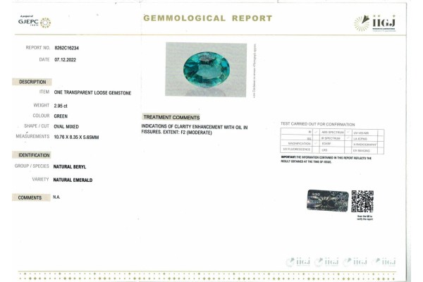 IIGJ Research & Laboratories | GJEPC Report for 2.95 cts Natural Emerald (Panna)