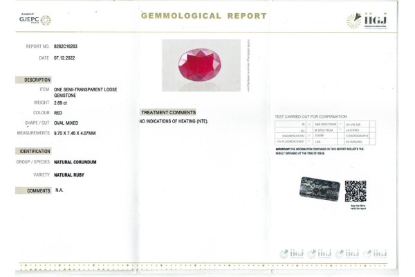 IIGJ Research & Laboratories | GJEPC Report for 2.69 cts Unheated Natural Ruby (Manikya)