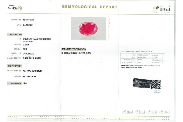 IIGJ Research & Laboratories | GJEPC Report for 2.63 cts Unheated Natural Ruby (Manikya)