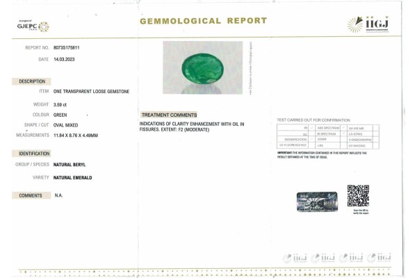 IIGJ Research & Laboratories | GJEPC Report for 3.59 cts Natural Emerald (Panna)