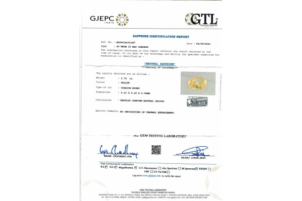 Gem Testing Laboratory | GJEPC Report for 3.76 cts Unheated Natural Yellow Sapphire (Pukhraj)