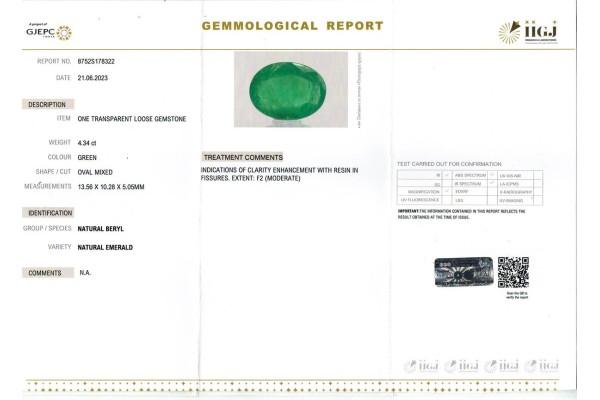 IIGJ Research & Laboratories | GJEPC Report for 4.34 cts Natural Emerald (Panna)