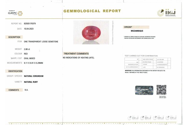 IIGJ Research & Laboratories | GJEPC Report for 2.86 cts Unheated Natural Ruby - Mozambique (Manikya)