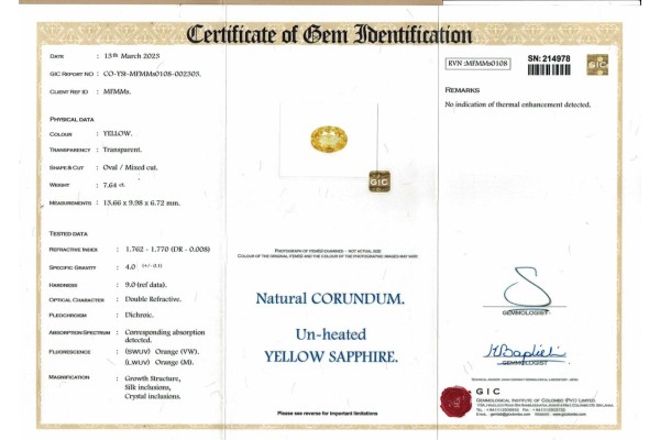 Gemmological Institute of Colombo Report for 7.64 cts Unheated Natural Yellow Sapphire (Pukhraj)