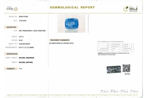 IIGJ Research & Laboratories | GJEPC Report for 4.07 cts Unheated Natural Blue Sapphire (Neelam)