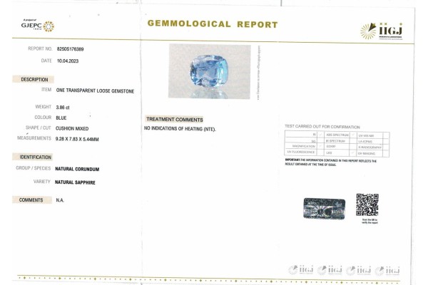 IIGJ Research & Laboratories | GJEPC Report for 3.86 cts Unheated Natural Blue Sapphire (Neelam)