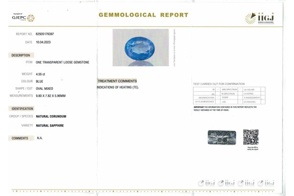 IIGJ Research & Laboratories | GJEPC Report for 4.55 cts Natural Blue Sapphire (Neelam)