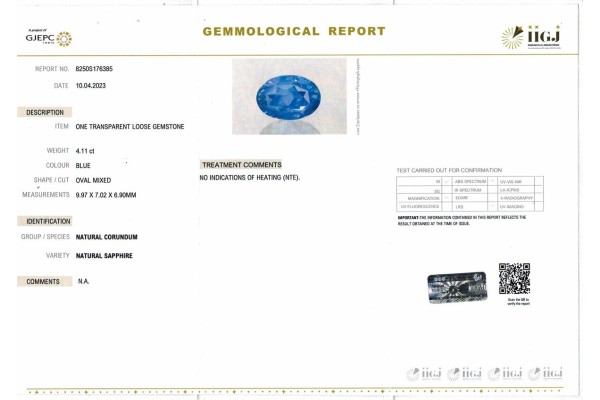 IIGJ Research & Laboratories | GJEPC Report for 4.11 cts Unheated Natural Blue Sapphire (Neelam)