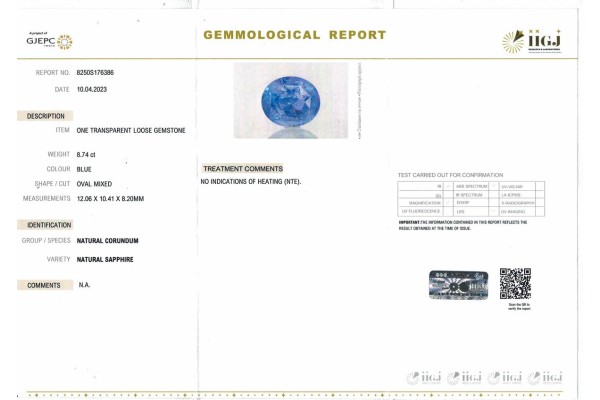 IIGJ Research & Laboratories | GJEPC Report for 8.74 cts Unheated Natural Blue Sapphire (Neelam)