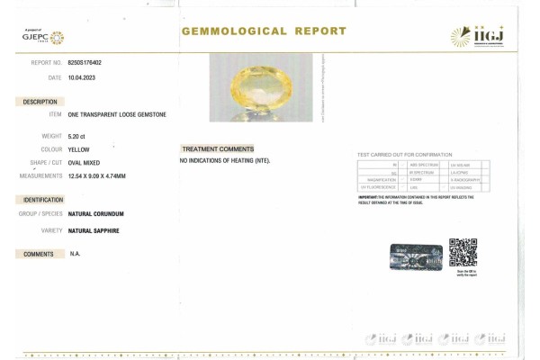 IIGJ Research & Laboratories | GJEPC Report for 5.2 cts Unheated Natural Yellow Sapphire (Pukhraj)